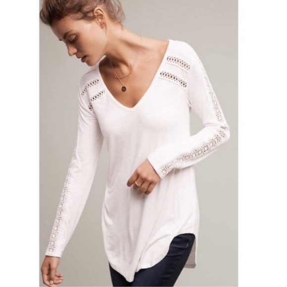 Anthropologie Tops - Anthropologie Deletta White Crochet Trim Long Sleeve Tee Size Large